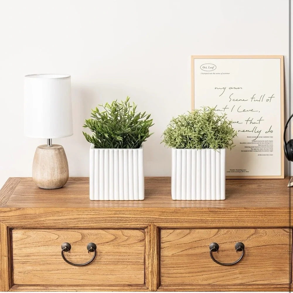 6.3 Inch Square Vintage White Ceramic Succulent Planter Pot with Vertical Ribbed
